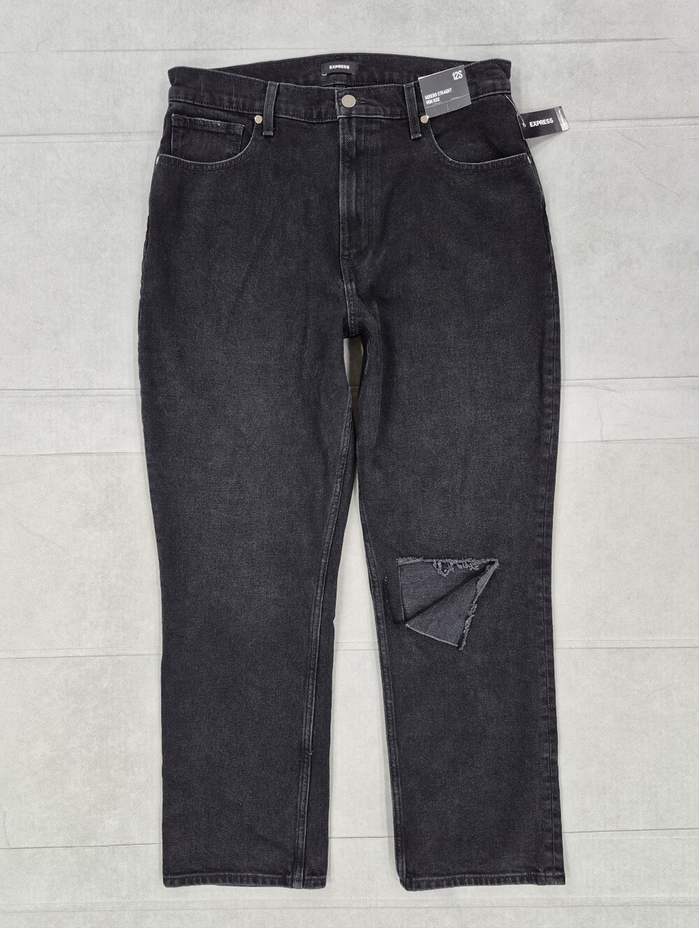 Express Modern Straight jeans women's 12S black Super High Rise ripped knee